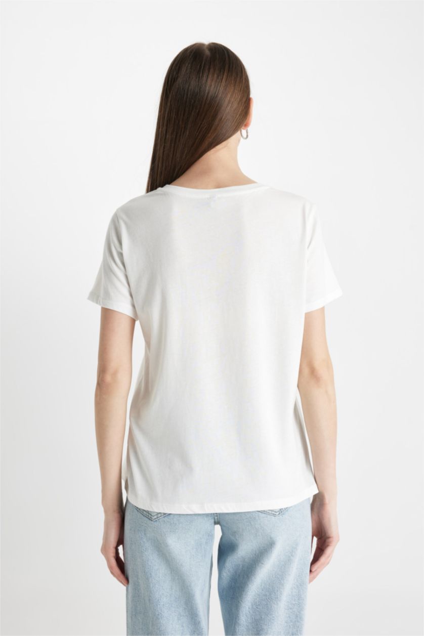 Woman Ecru Regular Fit Crew Neck Printed Cotton Short Sleeve T-Shirt