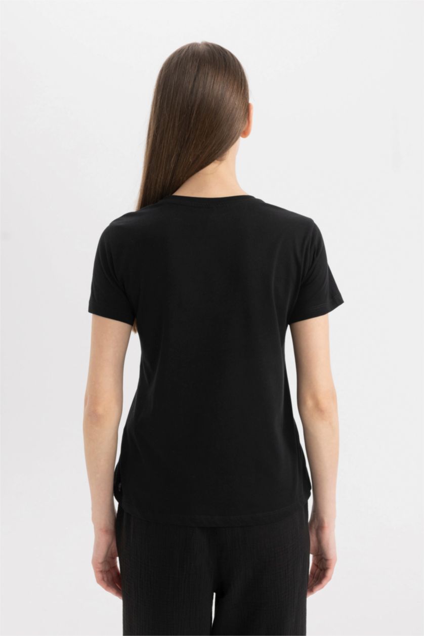 نساء أسود تيشيرت نص ردن مطبوع بياخة مستديرة وقصة عادية