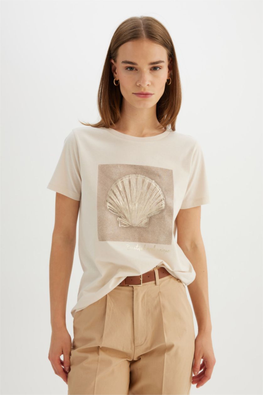 WOMAN Light Stone Regular Fit Crew Neck Printed Cotton T-Shirt