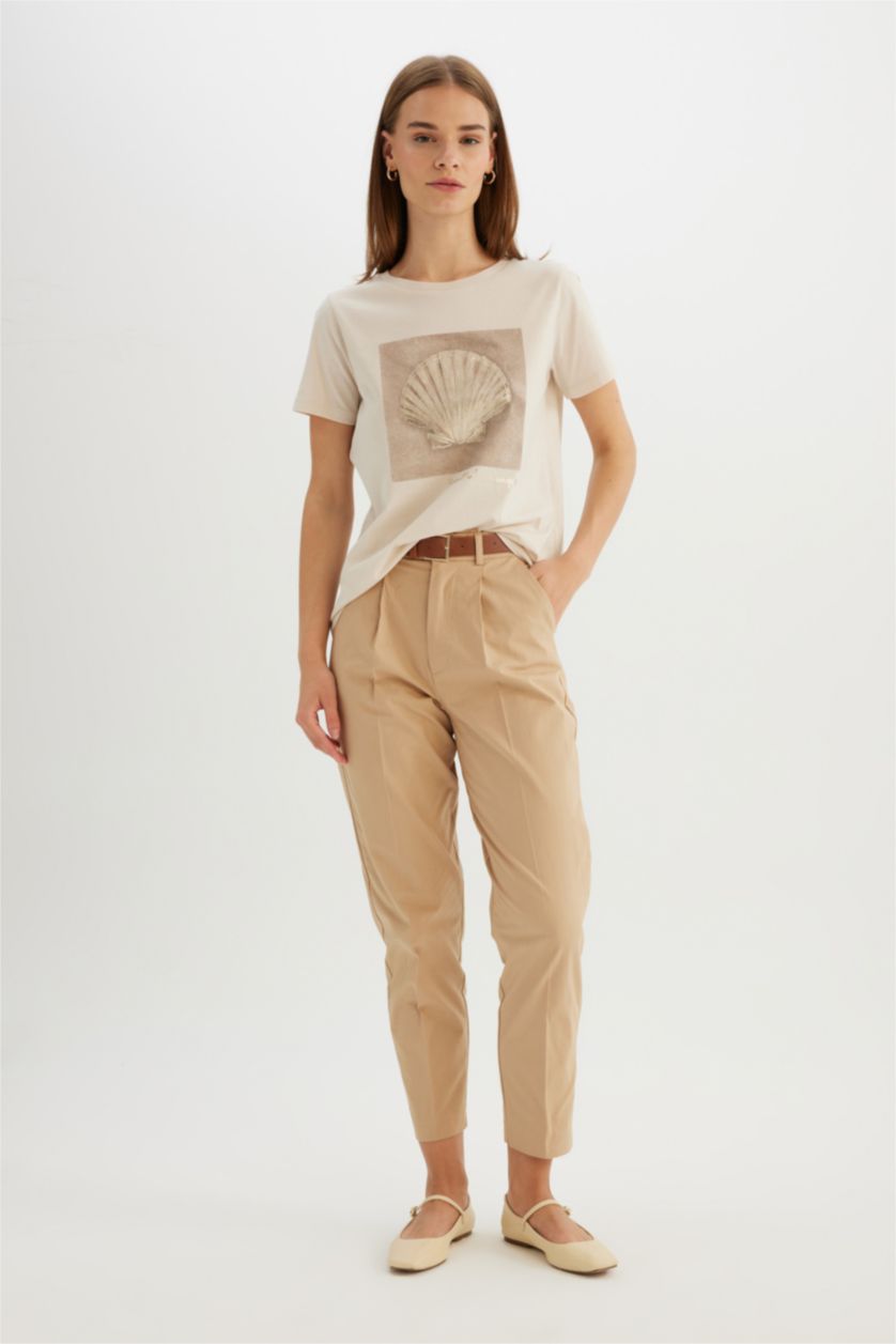 WOMAN Light Stone Regular Fit Crew Neck Printed Cotton T-Shirt