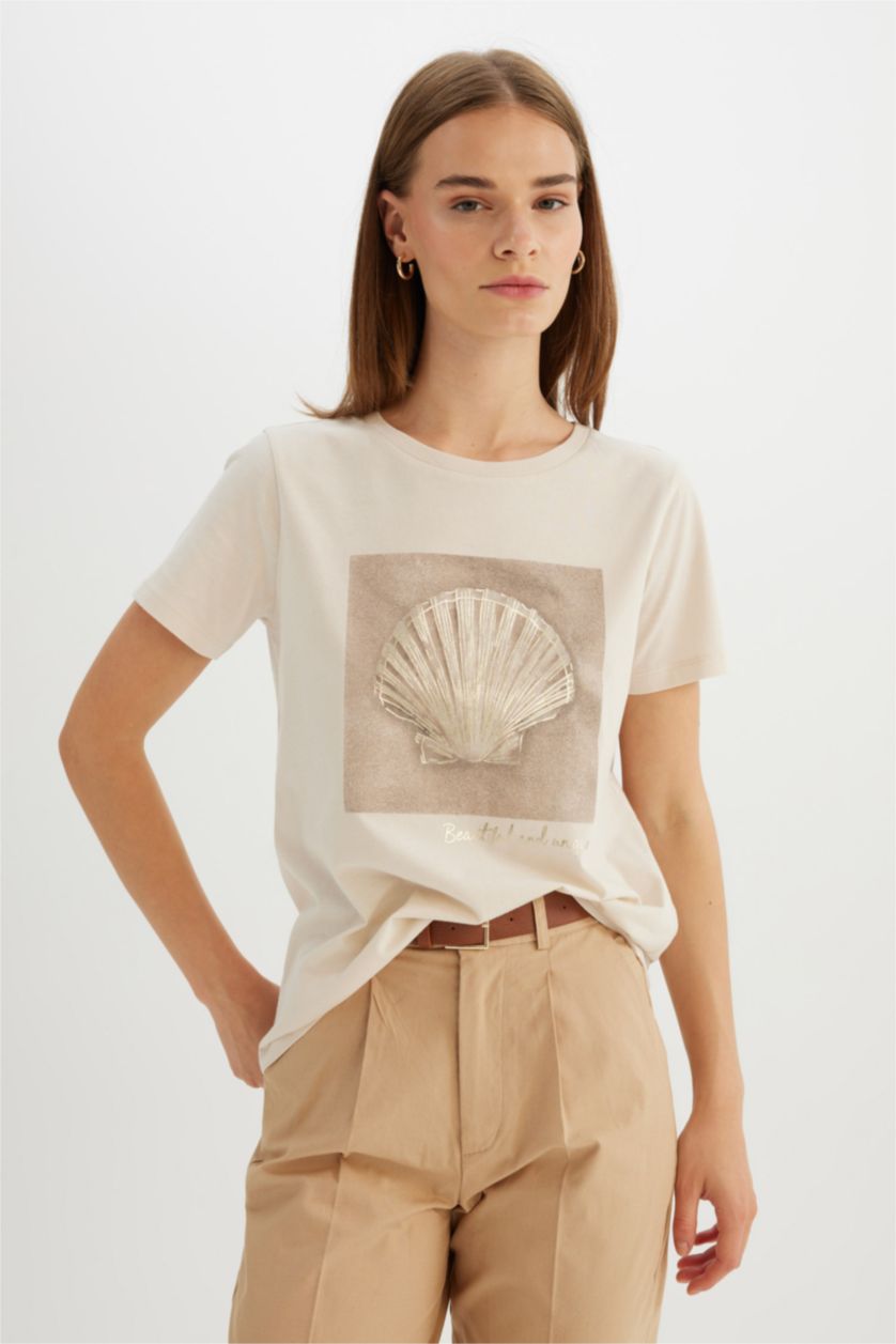 WOMAN Light Stone Regular Fit Crew Neck Printed Cotton T-Shirt