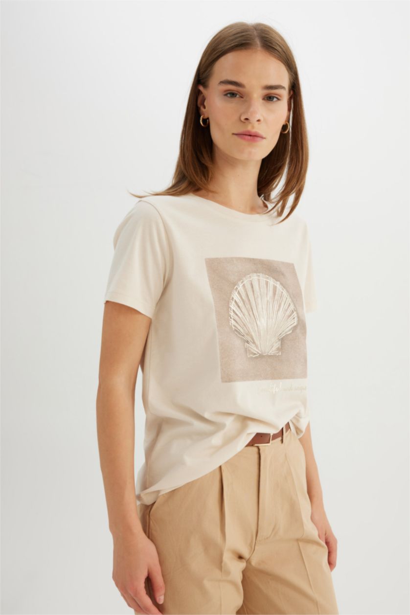 WOMAN Light Stone Regular Fit Crew Neck Printed Cotton T-Shirt