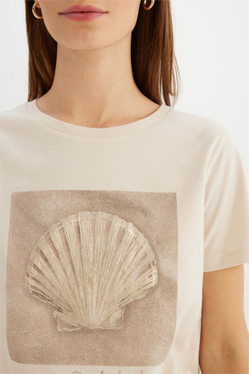 WOMAN Light Stone Regular Fit Crew Neck Printed Cotton T-Shirt