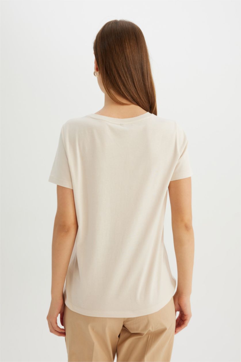 WOMAN Light Stone Regular Fit Crew Neck Printed Cotton T-Shirt