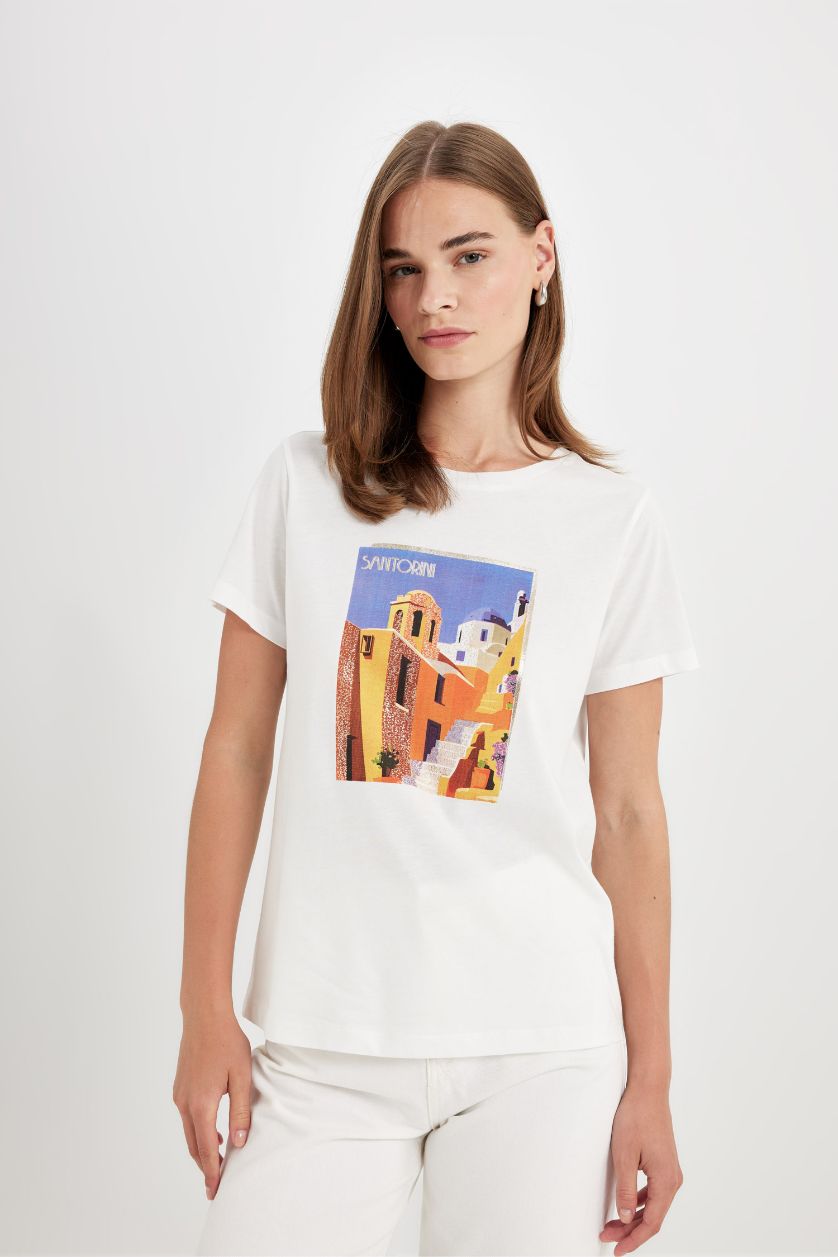 نساء بيج فاتح تيشيرت نص كم قصة عادية برقبة مستديرة