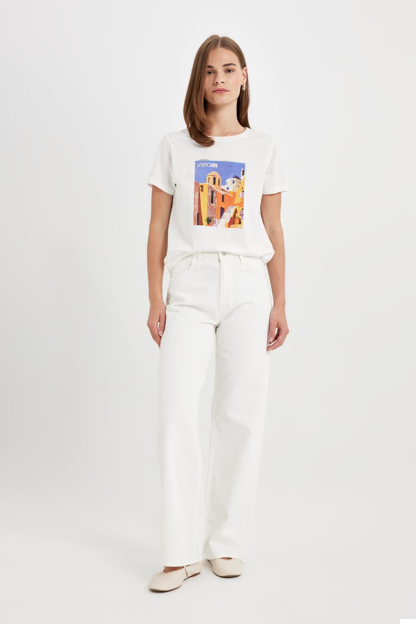 نساء بيج فاتح تيشيرت نص كم قصة عادية برقبة مستديرة