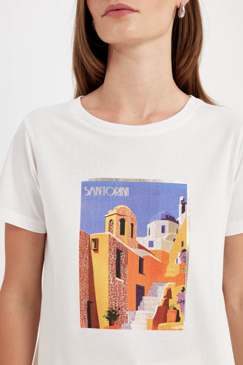 نساء بيج فاتح تيشيرت نص كم قصة عادية برقبة مستديرة