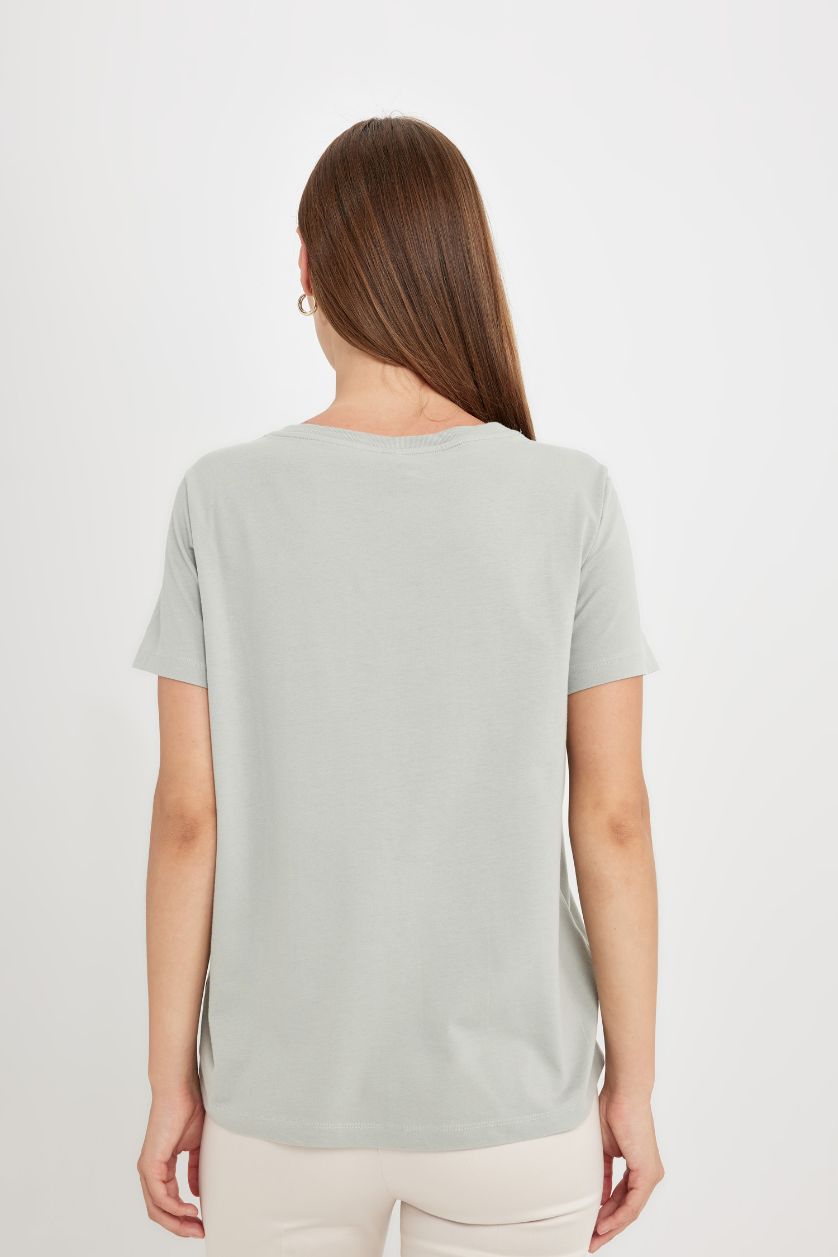 نساء أخضر فاتح تيشيرت نص كم مطبوع قصة عادية برقبة مستديرة