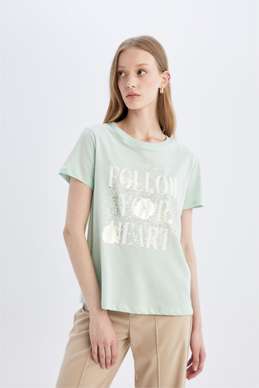 نساء نعناع تيشيرت نص ردن مطبوع بياخة مستديرة وقصة عادية