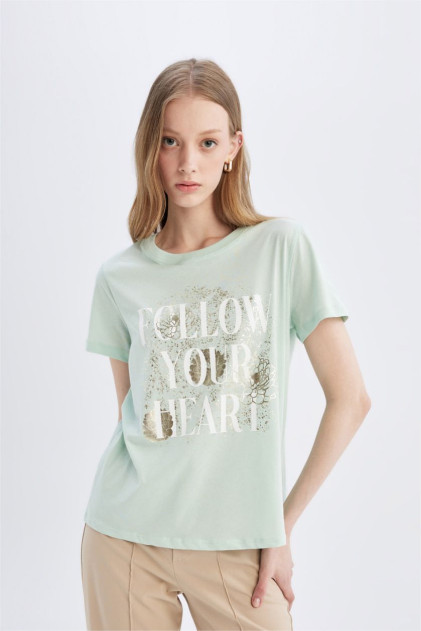 نساء نعناع تيشيرت نص ردن مطبوع بياخة مستديرة وقصة عادية