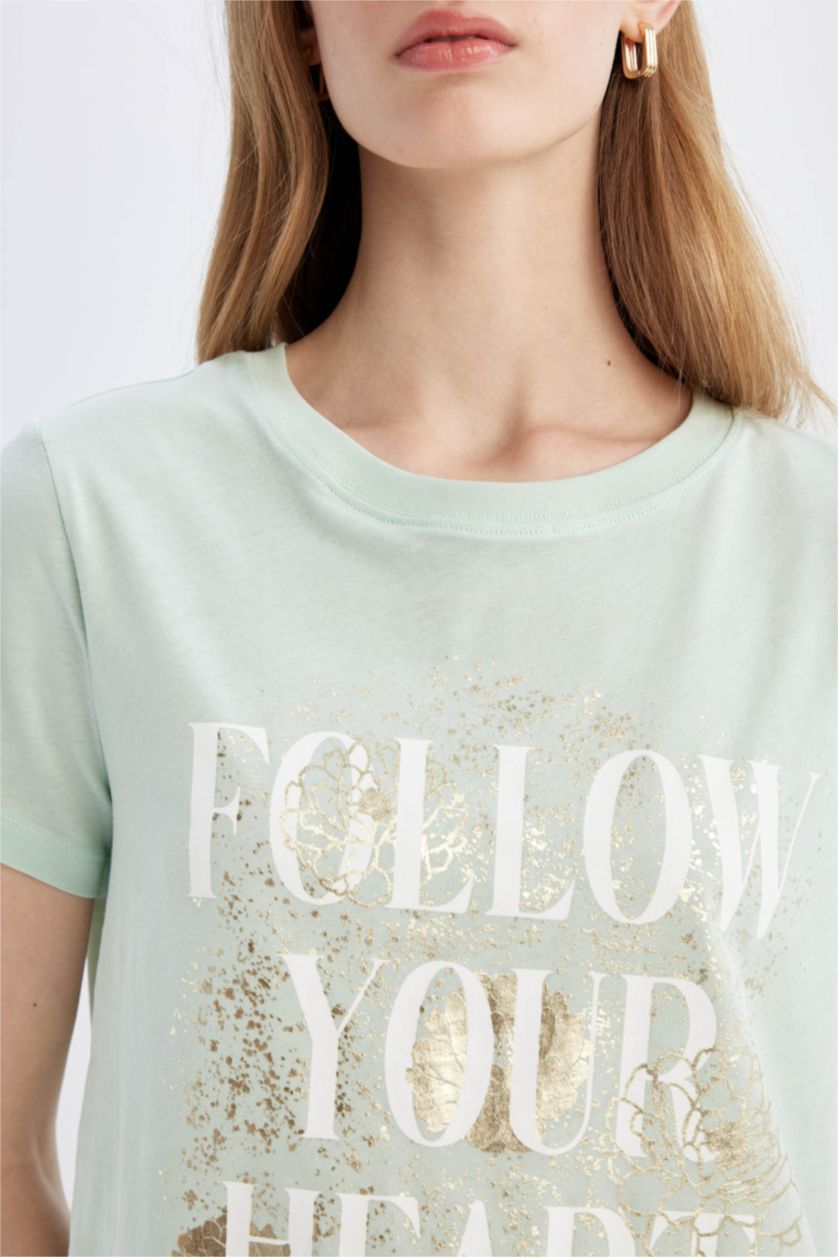 نساء نعناع تيشيرت نص ردن مطبوع بياخة مستديرة وقصة عادية