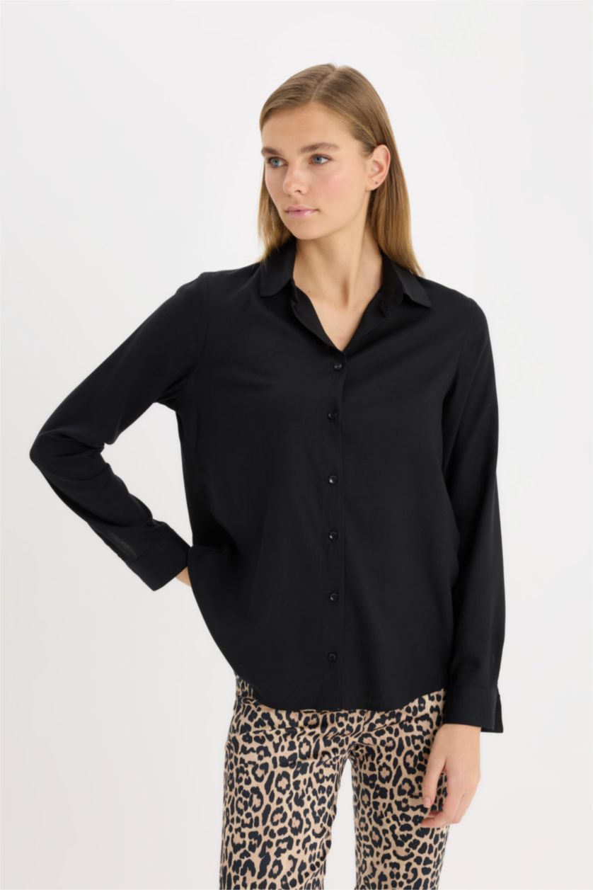 WOMAN Black Oversize Fit Shirt Collar Long Sleeve Shirt