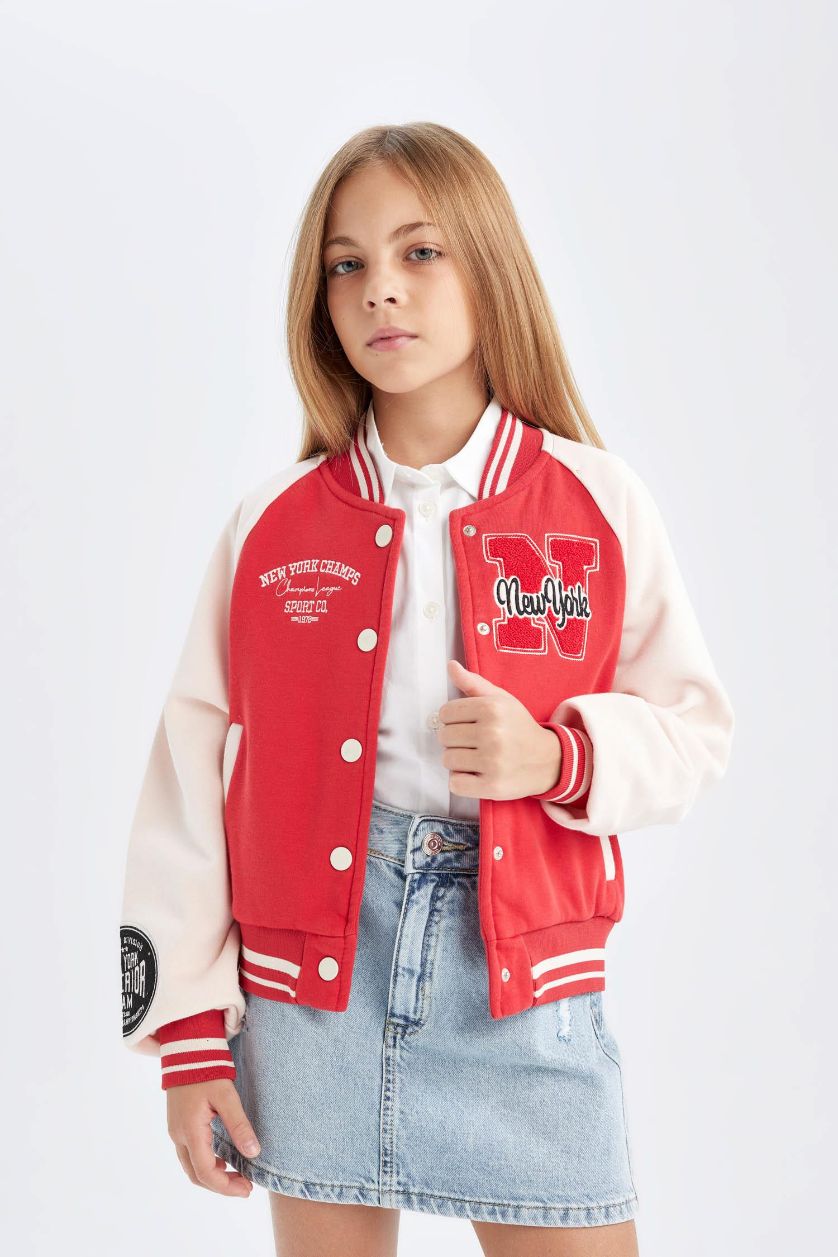 Kız Çocuk - Genç Kız Kırmızı Kız Çocuk Nakışlı Kolej Yaka Çıtçıtlı Çift Cepli Mevsimlik İçi Yumuşak Tüylü Bomber Ceket