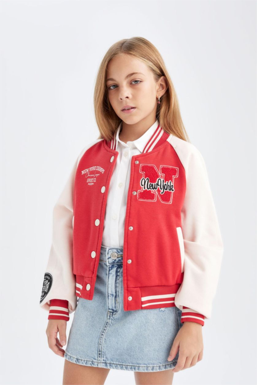 Kız Çocuk - Genç Kız Kırmızı Kız Çocuk Nakışlı Kolej Yaka Çıtçıtlı Çift Cepli Mevsimlik İçi Yumuşak Tüylü Bomber Ceket