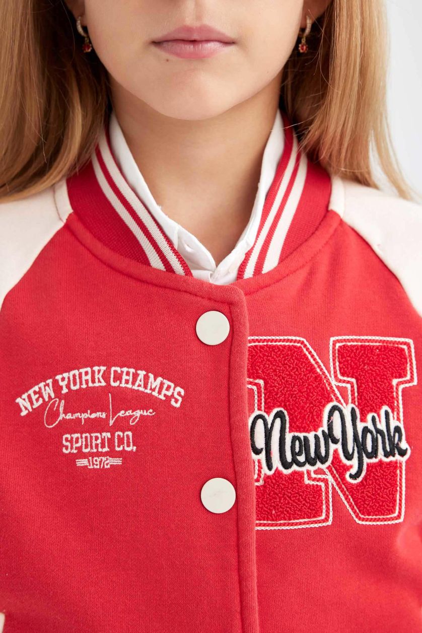 Kız Çocuk - Genç Kız Kırmızı Kız Çocuk Nakışlı Kolej Yaka Çıtçıtlı Çift Cepli Mevsimlik İçi Yumuşak Tüylü Bomber Ceket