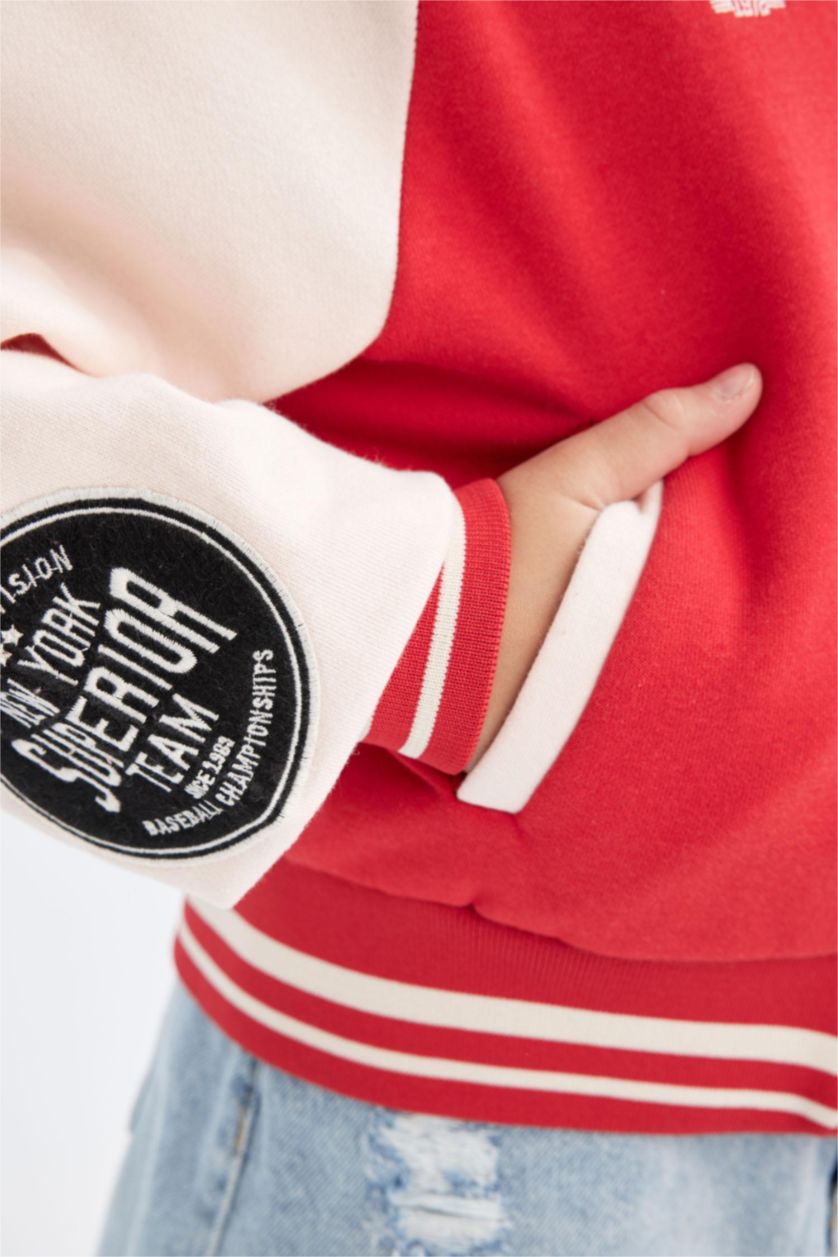 Kız Çocuk - Genç Kız Kırmızı Kız Çocuk Nakışlı Kolej Yaka Çıtçıtlı Çift Cepli Mevsimlik İçi Yumuşak Tüylü Bomber Ceket