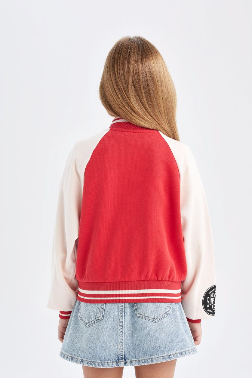 Kız Çocuk - Genç Kız Kırmızı Kız Çocuk Nakışlı Kolej Yaka Çıtçıtlı Çift Cepli Mevsimlik İçi Yumuşak Tüylü Bomber Ceket