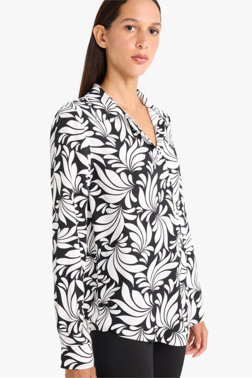 حريمي أسود قميص كم طويل قصة عادية بياقة قميص