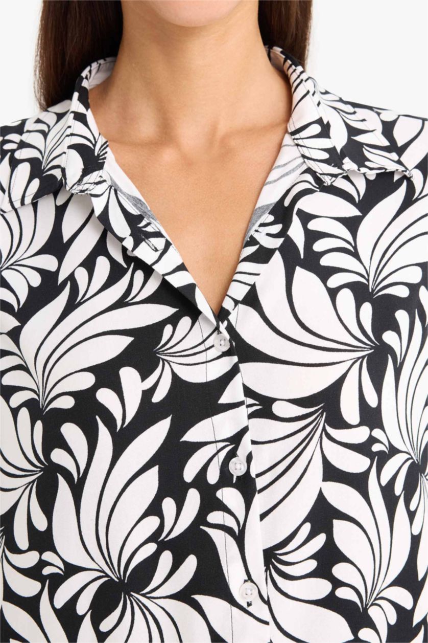 حريمي أسود قميص كم طويل قصة عادية بياقة قميص