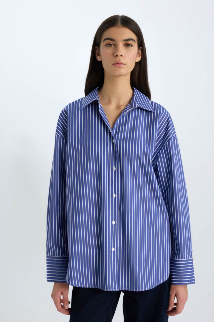 WOMAN Blue Oversize Fit Shirt Collar Poplin Long Sleeve Shirt