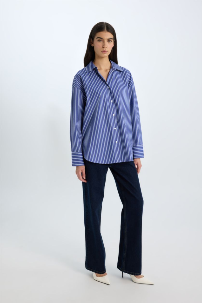 WOMAN Blue Oversize Fit Shirt Collar Poplin Long Sleeve Shirt