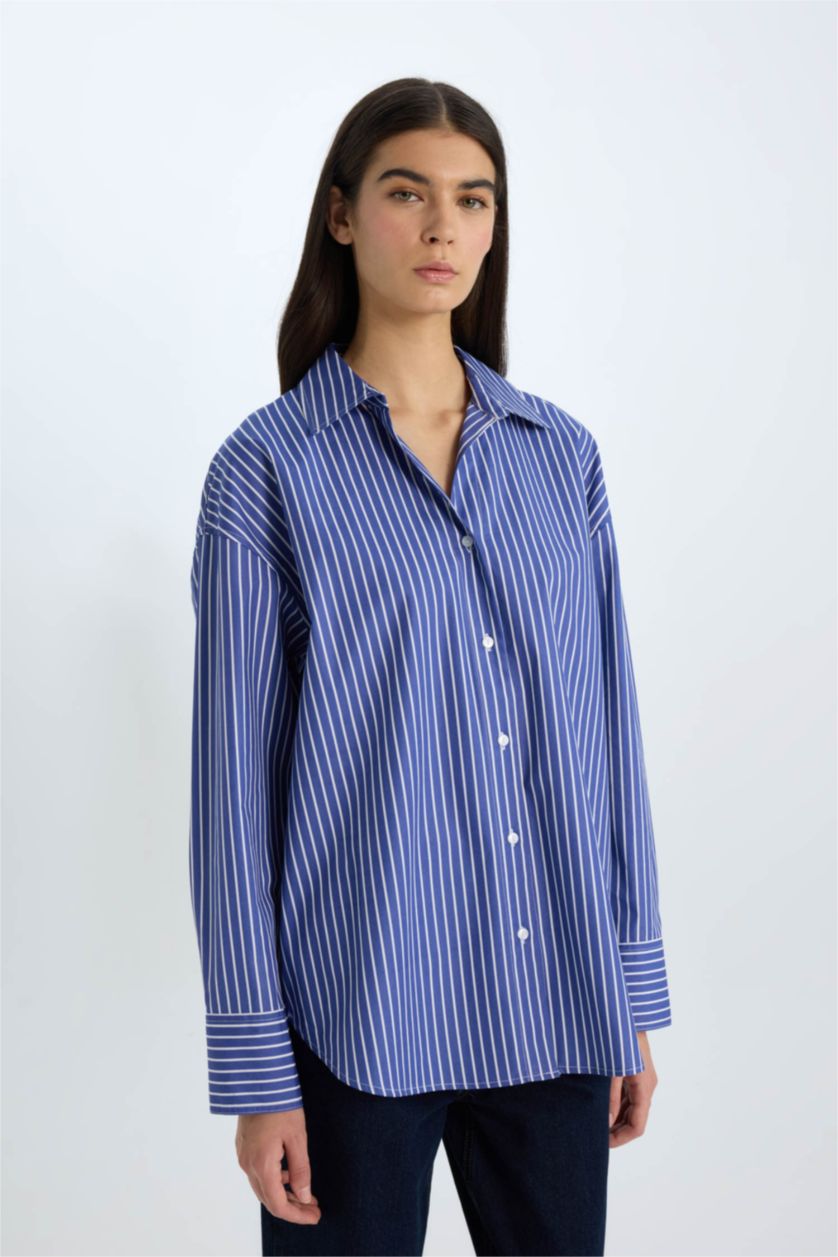 WOMAN Blue Oversize Fit Shirt Collar Poplin Long Sleeve Shirt