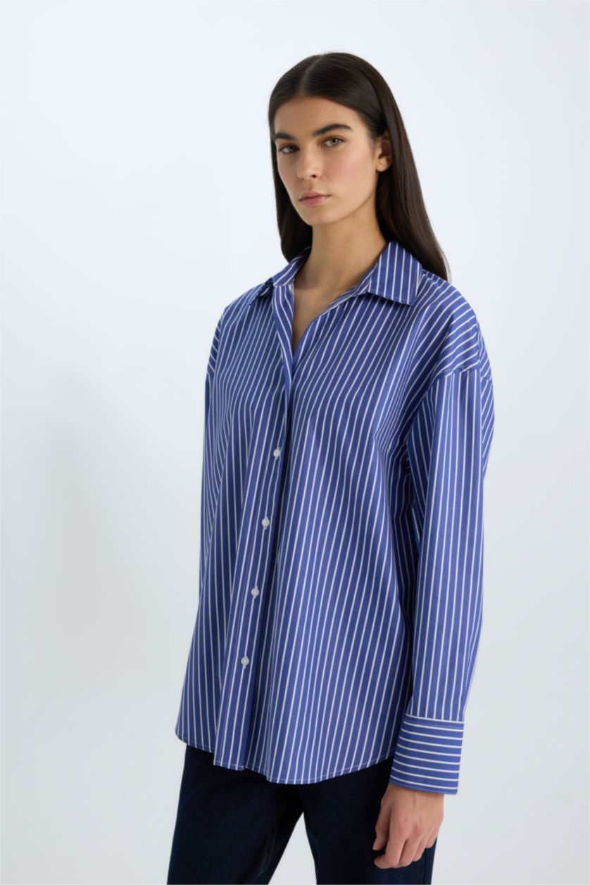 WOMAN Blue Oversize Fit Shirt Collar Poplin Long Sleeve Shirt