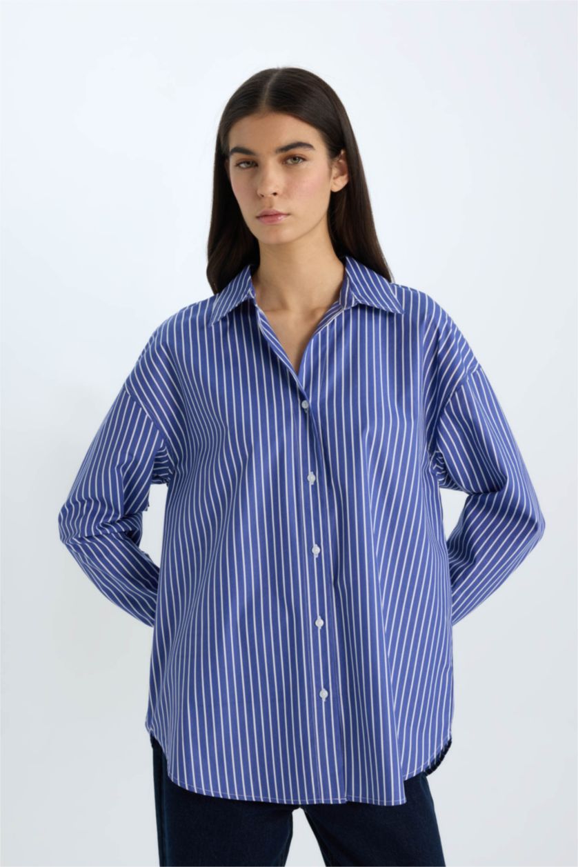 WOMAN Blue Oversize Fit Shirt Collar Poplin Long Sleeve Shirt