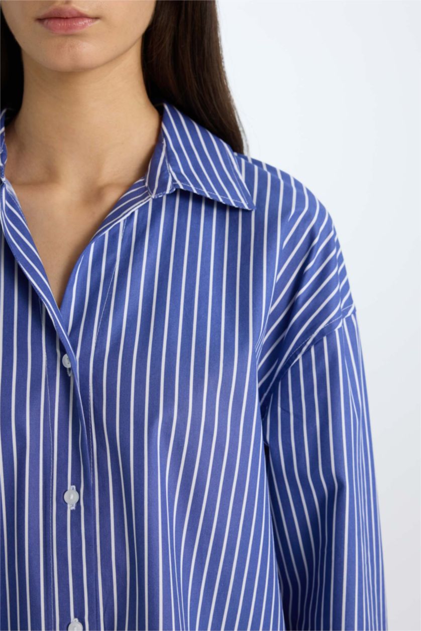 WOMAN Blue Oversize Fit Shirt Collar Poplin Long Sleeve Shirt