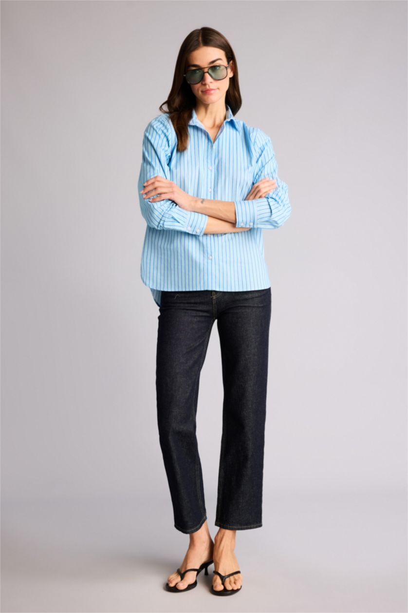 حريمي أزرق قميص كم طويل بوبلين اوفر سايز