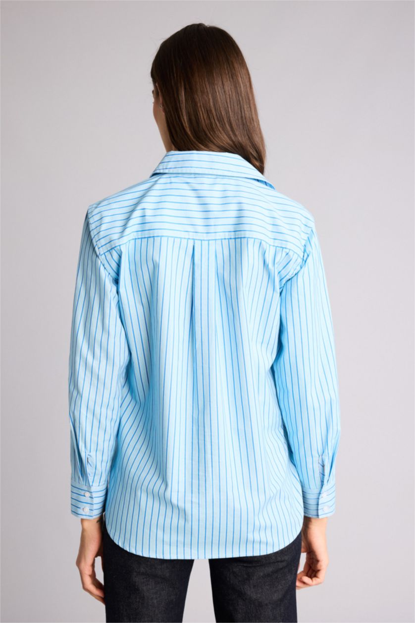 حريمي أزرق قميص كم طويل بوبلين اوفر سايز