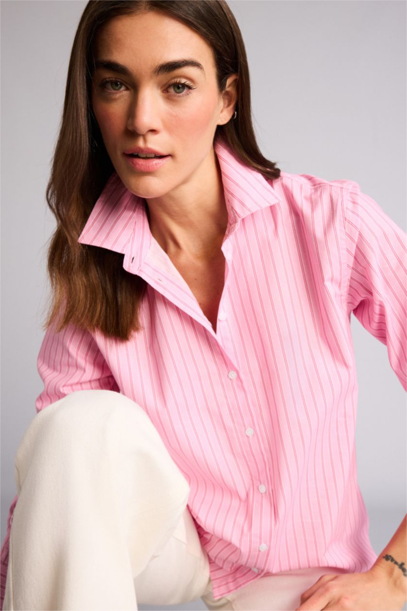 حريمي زهري فاتح قميص كم طويل بوبلين اوفر سايز