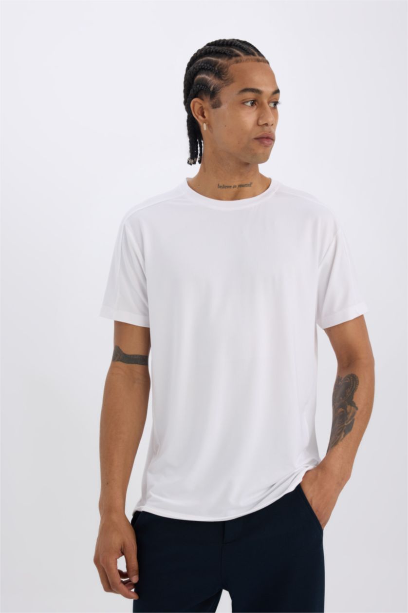 MAN White DeFactoFit Standard Fit Crew Neck Printed Sports T-Shirt