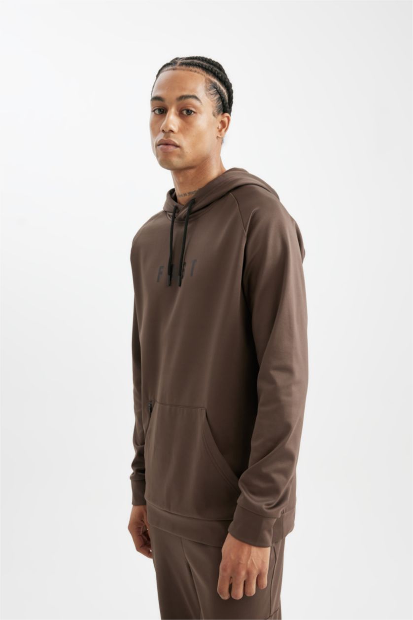 Erkek Açık Kahve Standart Fit Kapüşonlu Cepli Skuba Dalgıç Kumaş Sporcu Sweatshirt