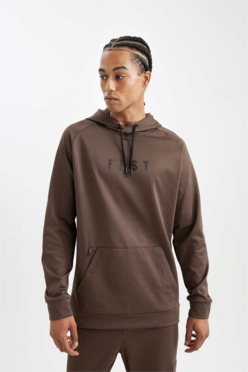 Erkek Açık Kahve Standart Fit Kapüşonlu Cepli Skuba Dalgıç Kumaş Sporcu Sweatshirt