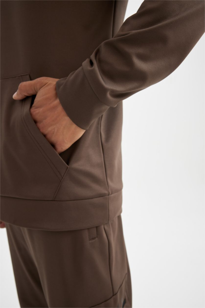 Erkek Açık Kahve Standart Fit Kapüşonlu Cepli Skuba Dalgıç Kumaş Sporcu Sweatshirt