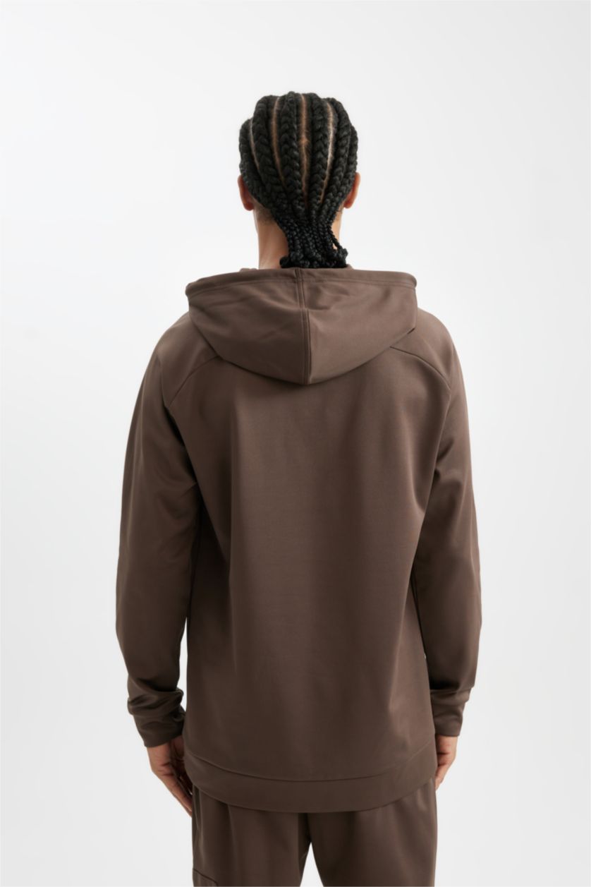 Erkek Açık Kahve Standart Fit Kapüşonlu Cepli Skuba Dalgıç Kumaş Sporcu Sweatshirt