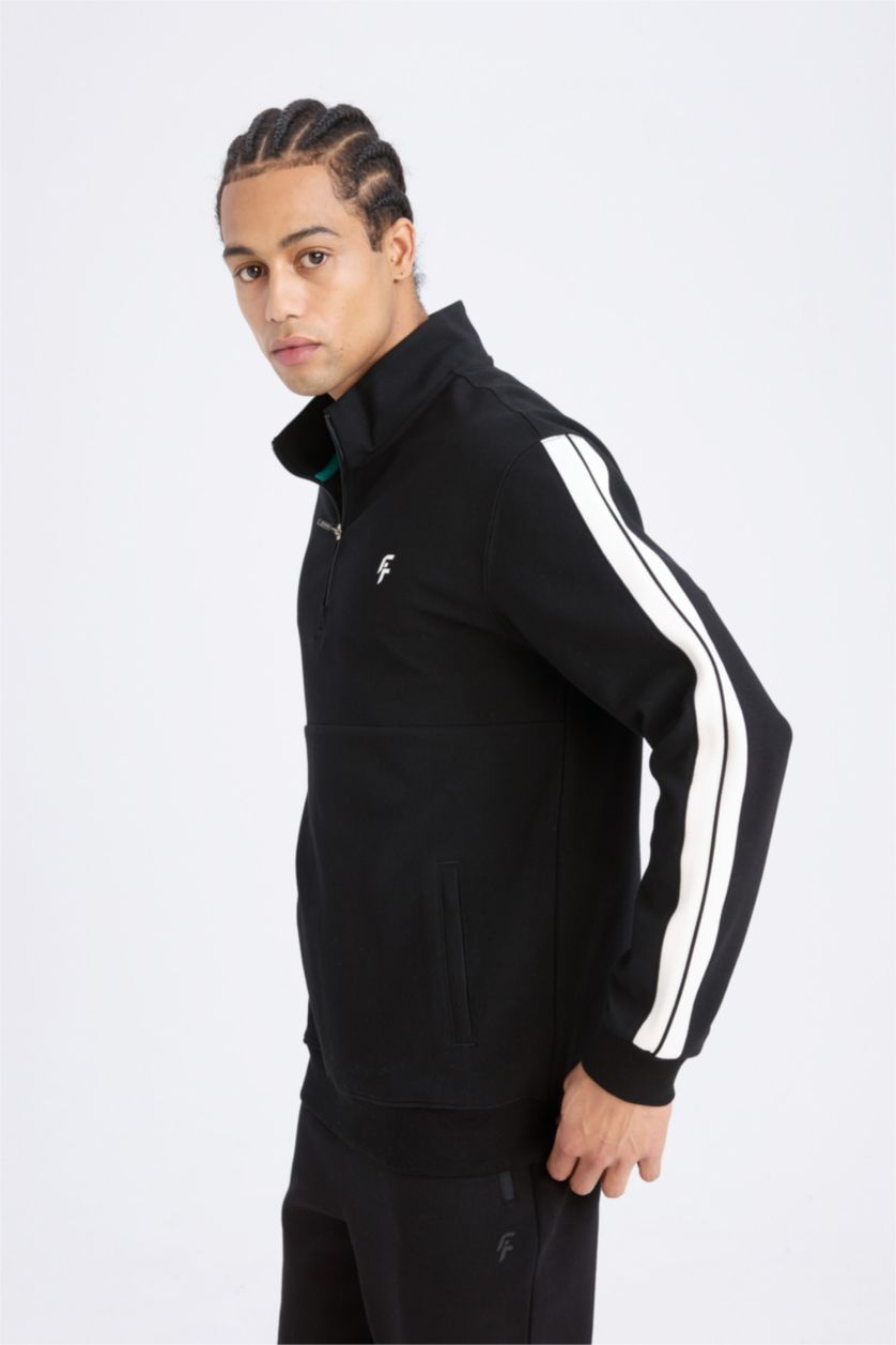 Erkek Siyah Standart Fit Dik Yaka Fermuarlı Sporcu Sweatshirt