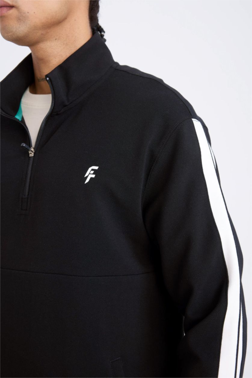 Erkek Siyah Standart Fit Dik Yaka Fermuarlı Sporcu Sweatshirt