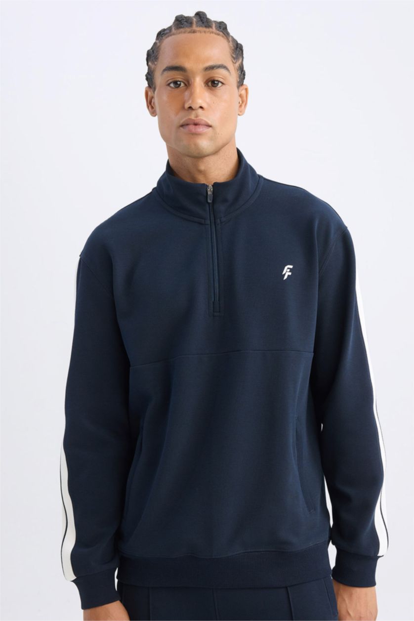 Erkek Lacivert Lacivert Standart Fit Dik Yaka Yarım Fermuarlı Sporcu Sweatshirt