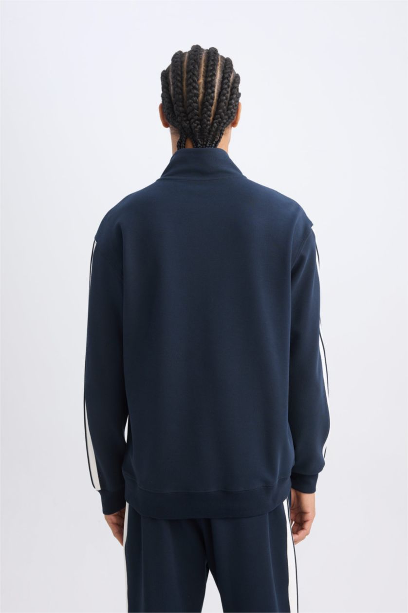 Erkek Lacivert Lacivert Standart Fit Dik Yaka Yarım Fermuarlı Sporcu Sweatshirt