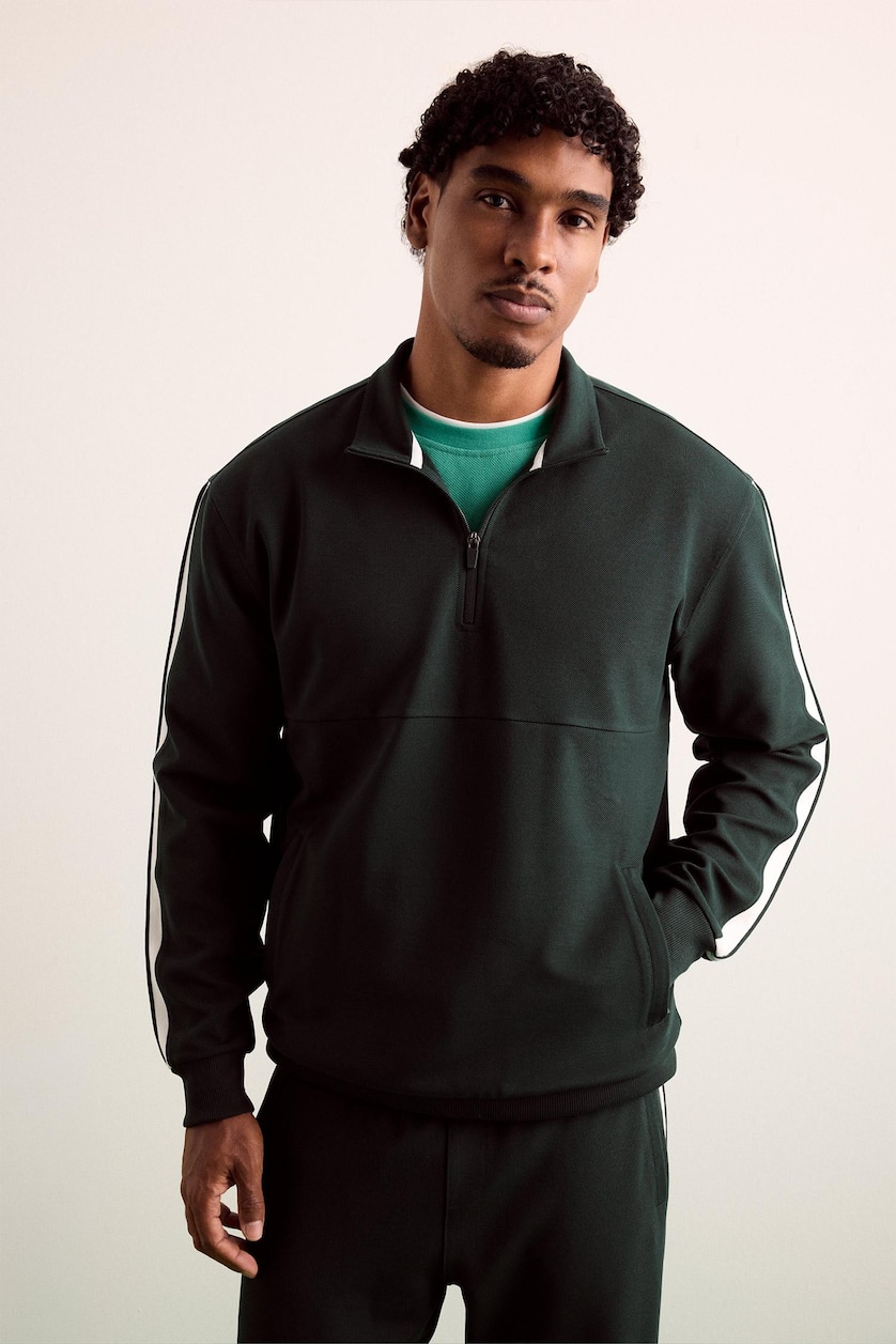 Erkek Koyu Yeşil Standart Fit Dik Yaka Sporcu Basic Sweatshirt