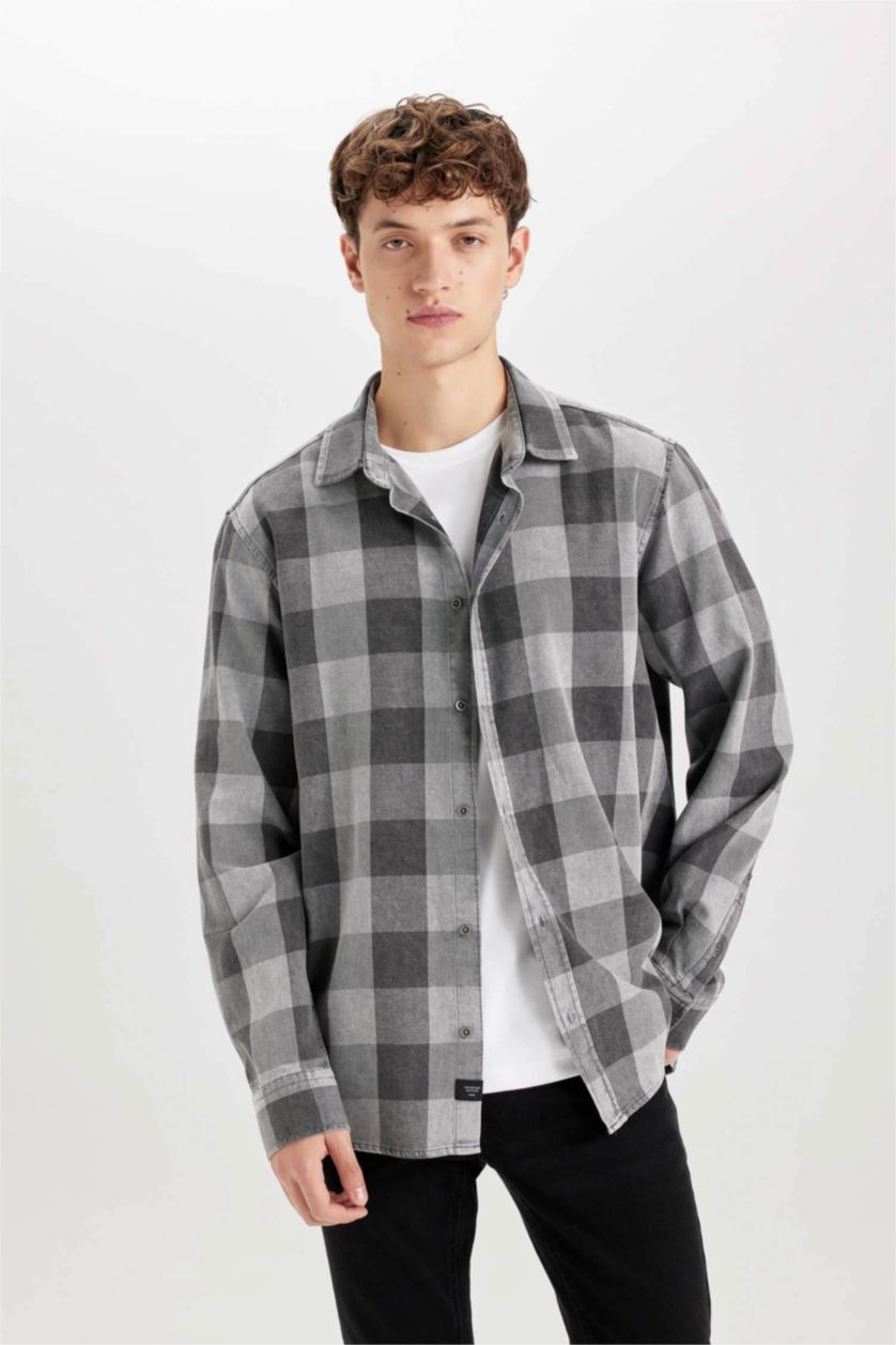 MAN Anthracite Regular Fit Cotton Plaid Long Sleeve Shirt