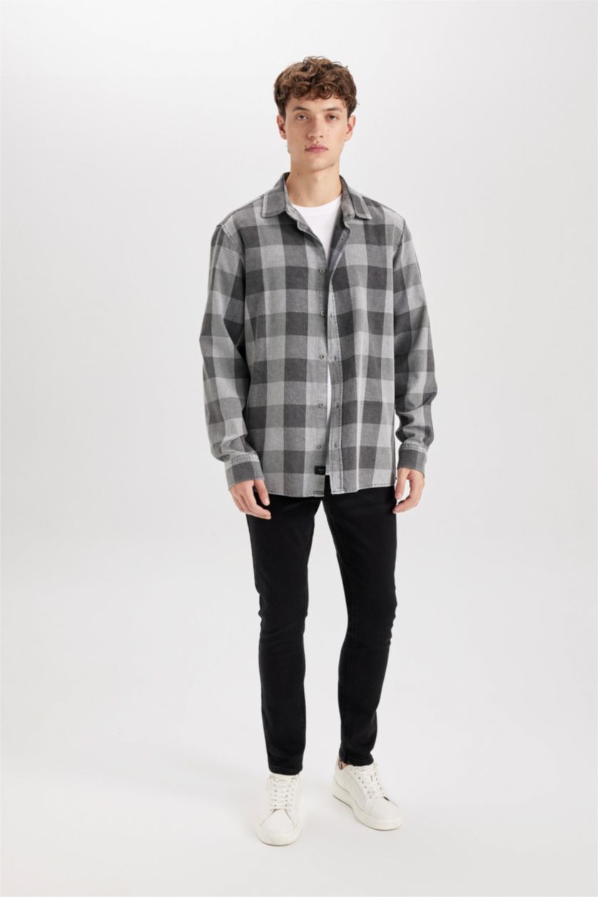 MAN Anthracite Regular Fit Cotton Plaid Long Sleeve Shirt