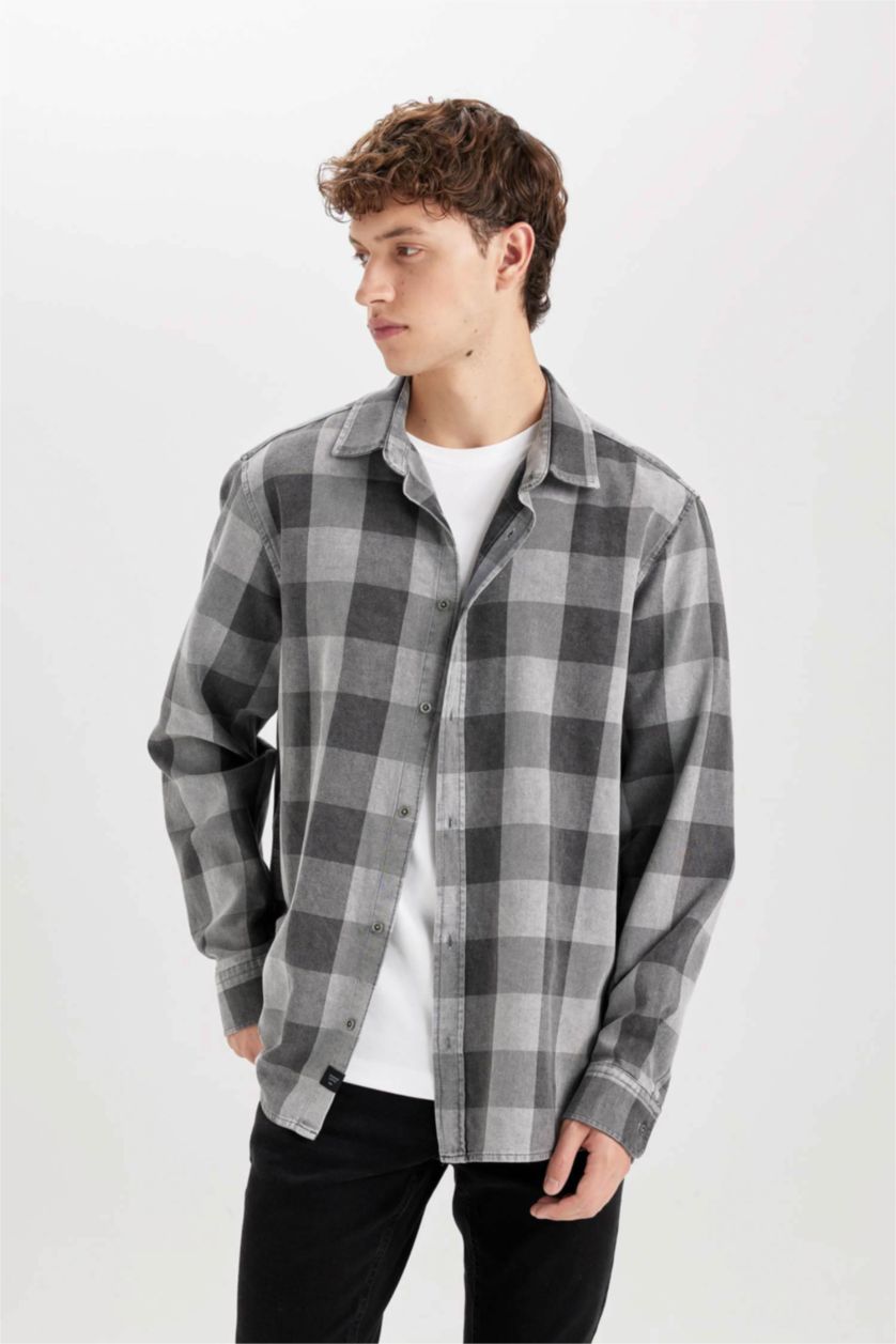 MAN Anthracite Regular Fit Cotton Plaid Long Sleeve Shirt