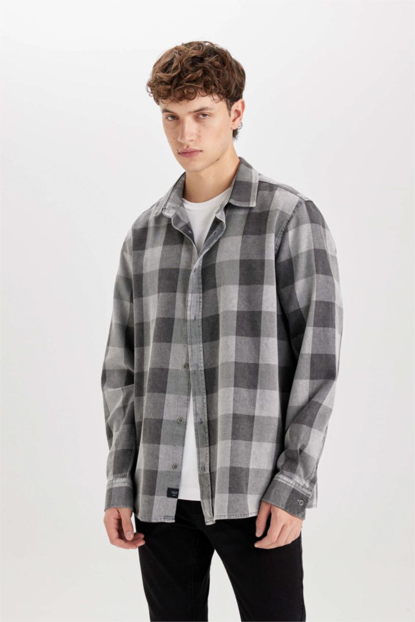 MAN Anthracite Regular Fit Cotton Plaid Long Sleeve Shirt