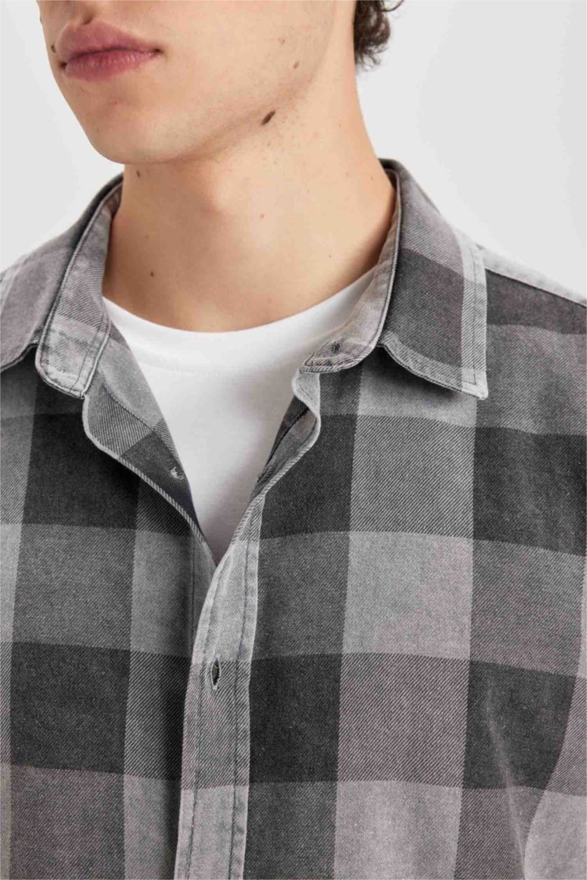 MAN Anthracite Regular Fit Cotton Plaid Long Sleeve Shirt