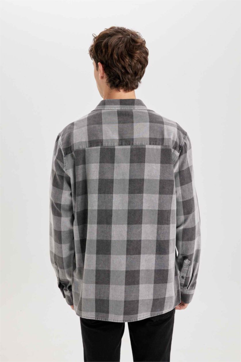 MAN Anthracite Regular Fit Cotton Plaid Long Sleeve Shirt