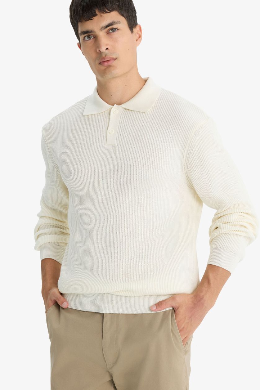 Erkek Ekru Standart Fit Polo Yaka Düğmeli Triko Kazak