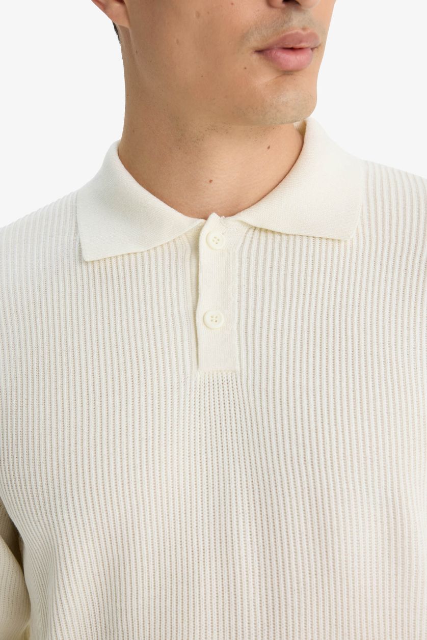 Erkek Ekru Standart Fit Polo Yaka Düğmeli Triko Kazak